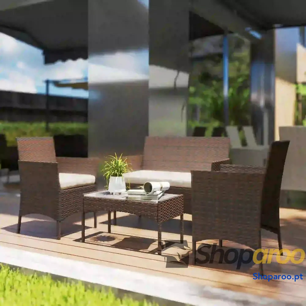 Conjunto de Jardim em Vime com Almofadas Móveis de Exterior com 2 Poltronas Sofá de 2 Lugares Mesa com Vidro Marrom e Bege