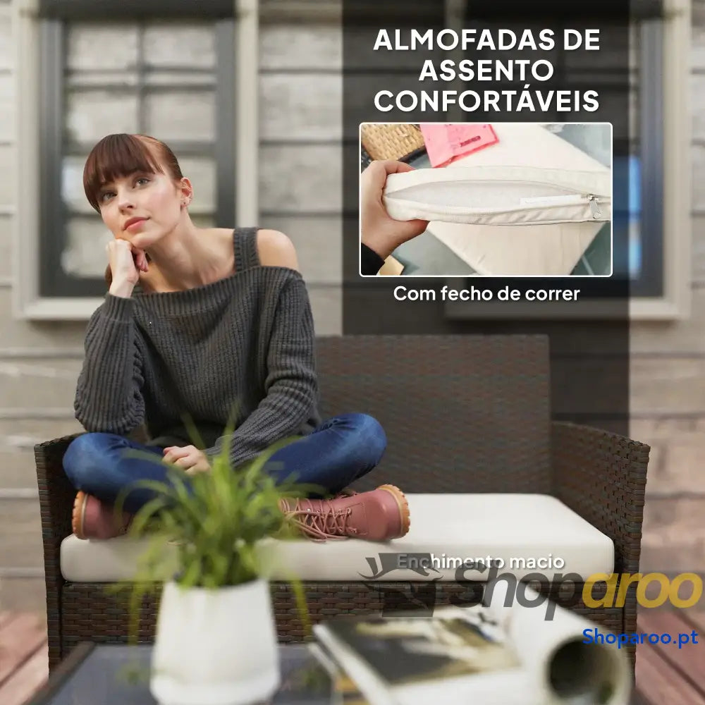 Conjunto de Jardim em Vime com Almofadas Móveis Exterior 2 Poltronas Sofá Lugares Mesa Vidro Marrom e Bege