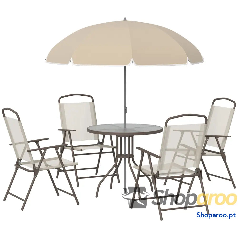 Conjunto de Jardim Refeição 6 Peças com 4 Cadeiras Dobráveis Mesa Bancada Vidro e Chapéu Sol Bege