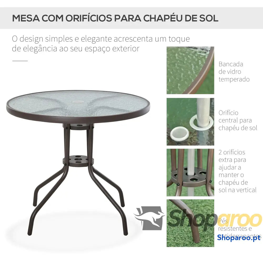 Conjunto de Jardim Refeição 6 Peças com 4 Cadeiras Dobráveis Mesa Bancada Vidro e Chapéu Sol Bege