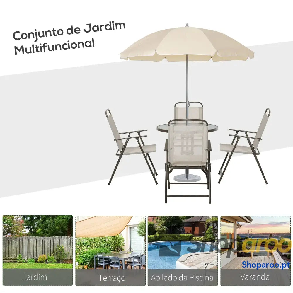 Conjunto de Jardim Refeição 6 Peças com 4 Cadeiras Dobráveis Mesa Bancada Vidro e Chapéu Sol Bege