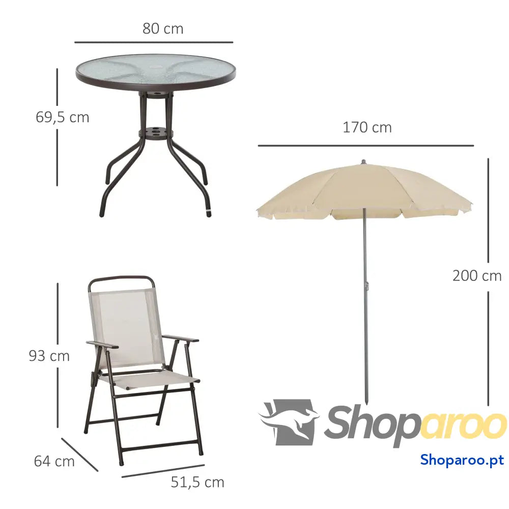 Conjunto de Jardim Refeição 6 Peças com 4 Cadeiras Dobráveis Mesa Bancada Vidro e Chapéu Sol Bege