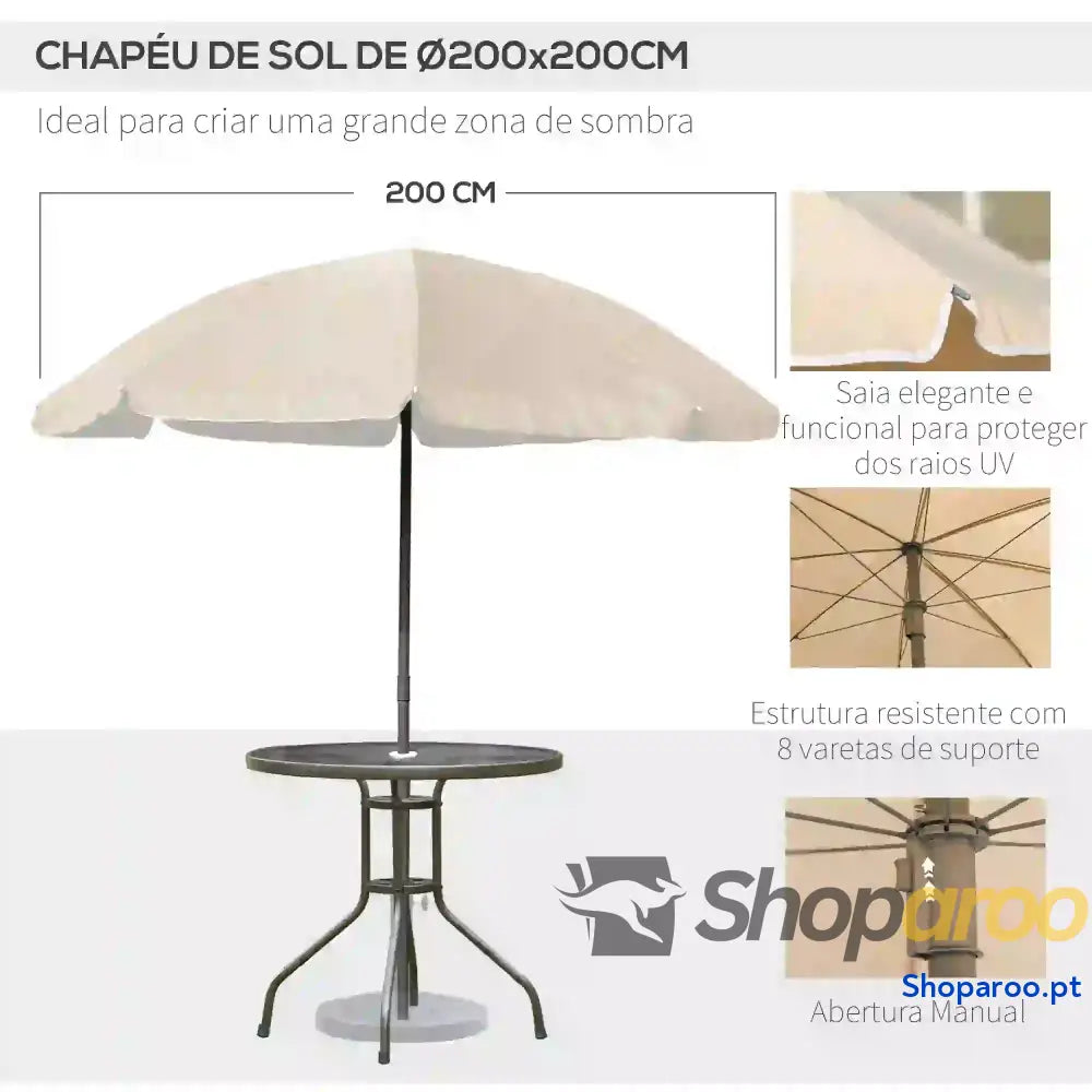 Conjunto de Jardim Refeição 6 Peças com 4 Cadeiras Dobráveis Mesa Bancada Vidro e Chapéu Sol Bege