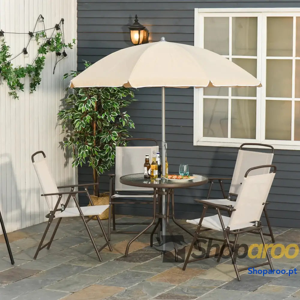 Conjunto de Jardim Refeição 6 Peças com 4 Cadeiras Dobráveis Mesa Bancada Vidro e Chapéu Sol Bege