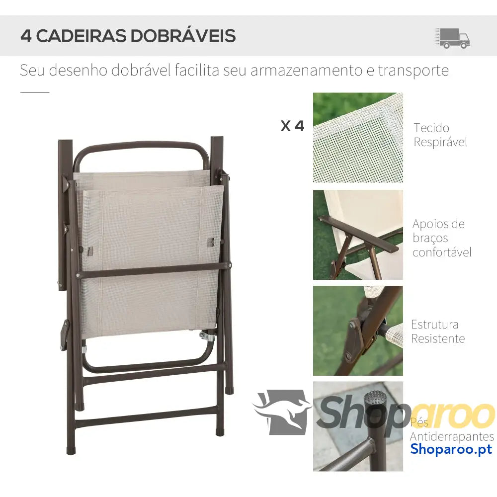 Conjunto de Jardim Refeição 6 Peças com 4 Cadeiras Dobráveis Mesa Bancada Vidro e Chapéu Sol Bege