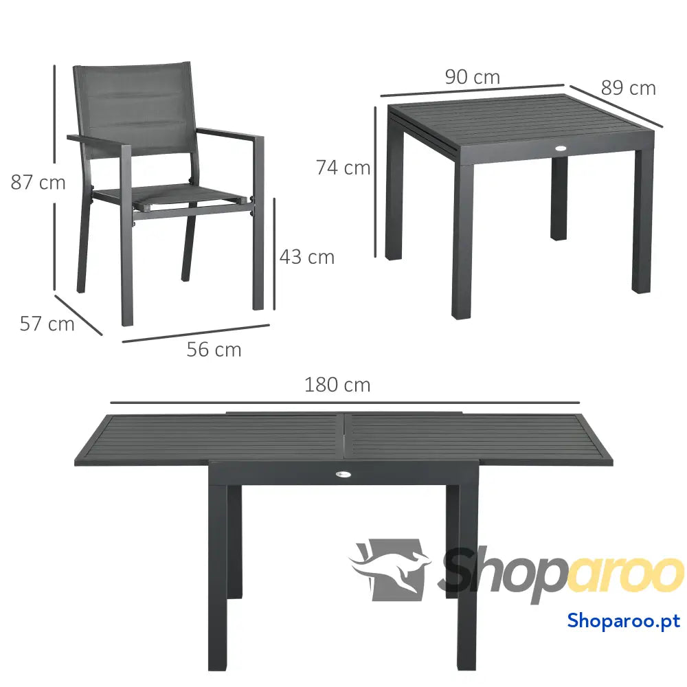 Conjunto de Jardim Refeição 7 Peças com Mesa Extensível e 6 Cadeiras Empilháveis 90-180x89x74cm Cinza