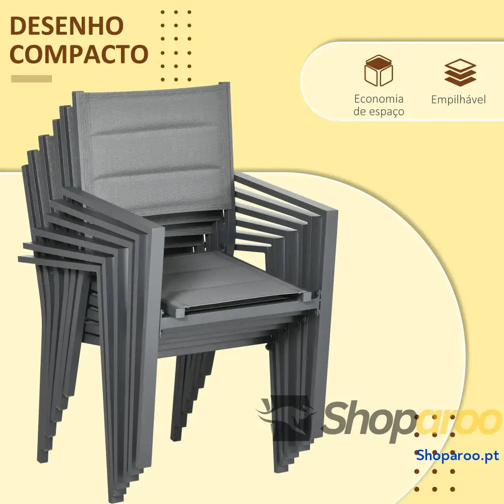 Conjunto de Jardim Refeição 7 Peças com Mesa Extensível e 6 Cadeiras Empilháveis 90-180x89x74cm Cinza