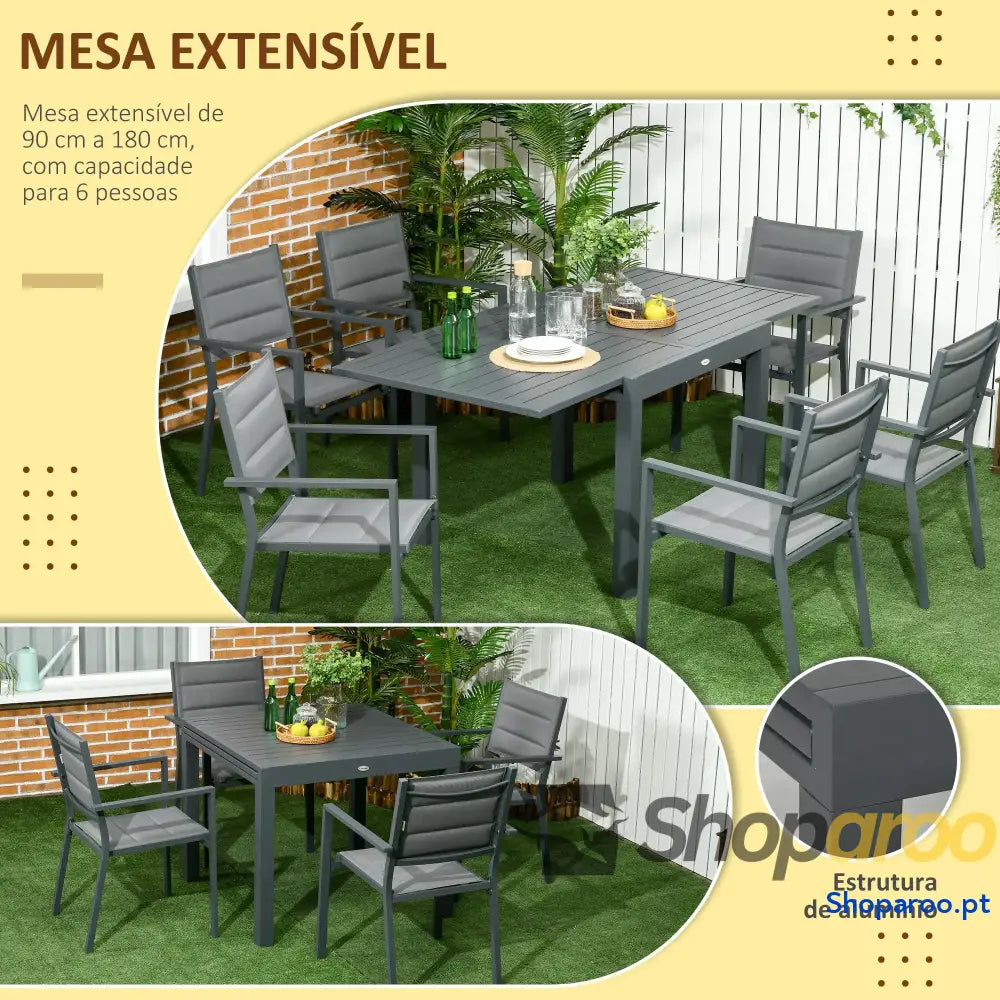 Conjunto de Jardim Refeição 7 Peças com Mesa Extensível e 6 Cadeiras Empilháveis 90-180x89x74cm Cinza