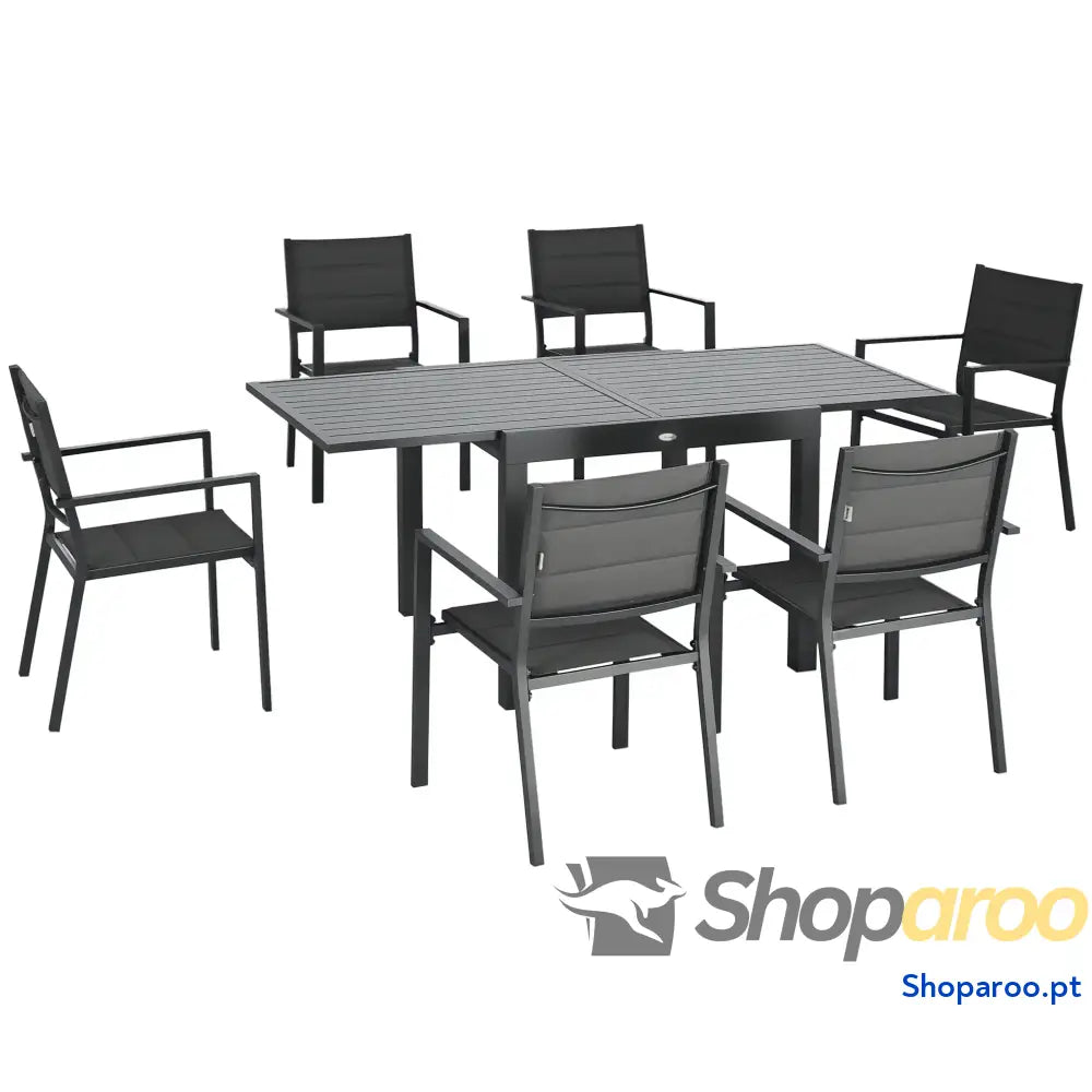Conjunto de Jardim Refeição 7 Peças com Mesa Extensível e 6 Cadeiras Empilháveis 90-180x89x74cm Cinza