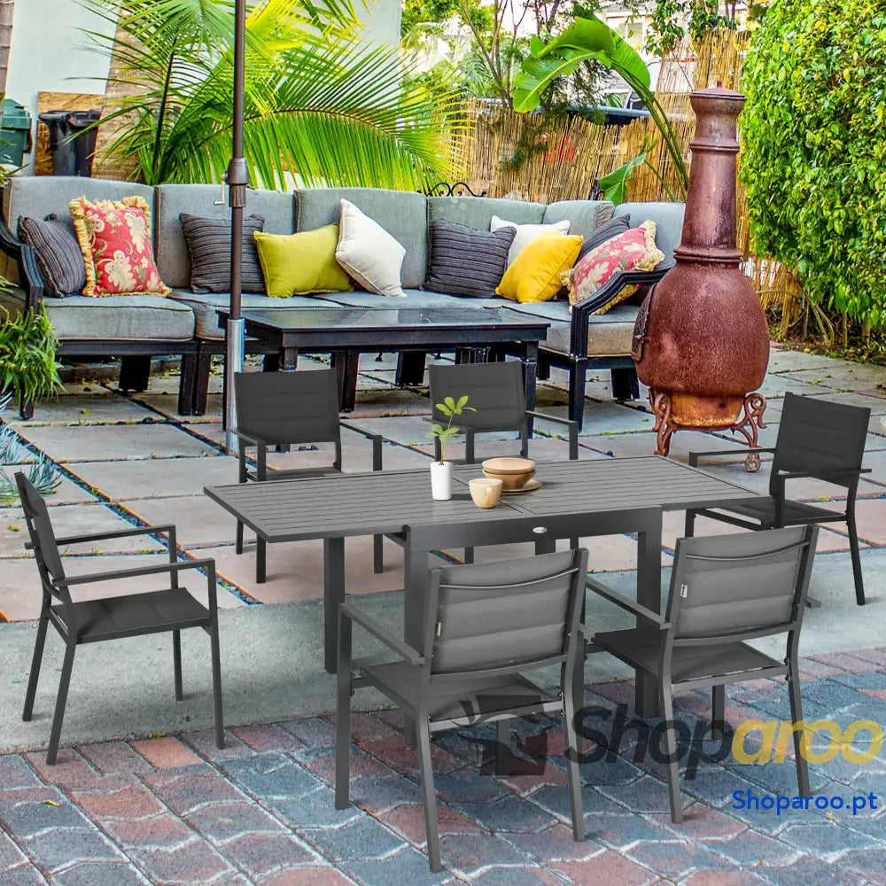 Conjunto de Jardim Refeição 7 Peças com Mesa Extensível e 6 Cadeiras Empilháveis 90-180x89x74cm Cinza
