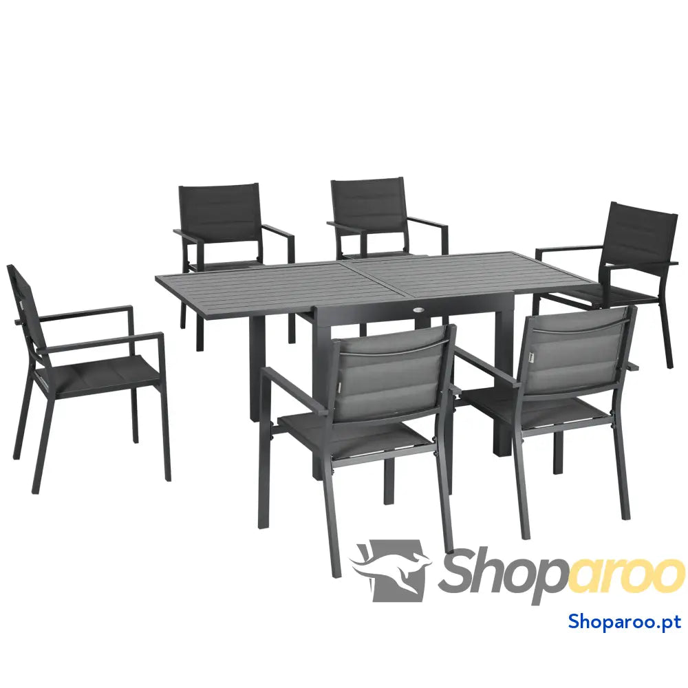 Conjunto de Jardim Refeição 7 Peças com Mesa Extensível e 6 Cadeiras Empilháveis 90-180x89x74cm Cinza