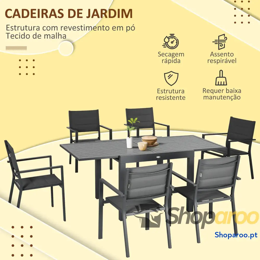 Conjunto de Jardim Refeição 7 Peças com Mesa Extensível e 6 Cadeiras Empilháveis 90-180x89x74cm Cinza