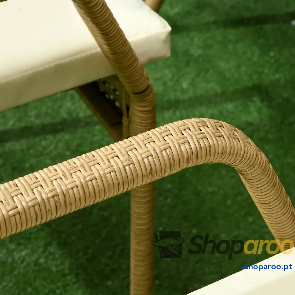 Conjunto de Jardim Refeição Vime PE com 7 Peças Mesa Bancada Vidro e 6 Cadeiras Empilháveis Areia Bege