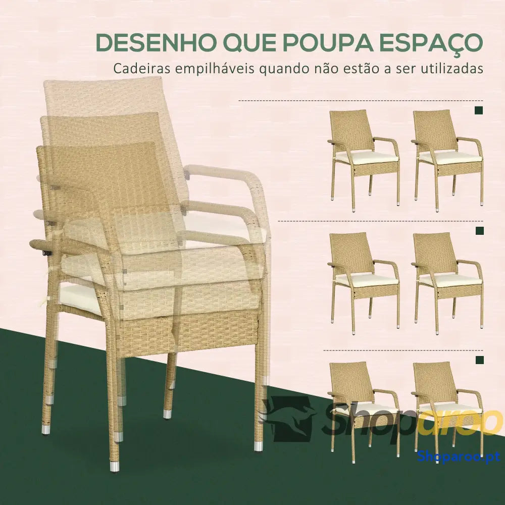 Conjunto de Jardim Refeição Vime PE com 7 Peças Mesa Bancada Vidro e 6 Cadeiras Empilháveis Areia Bege
