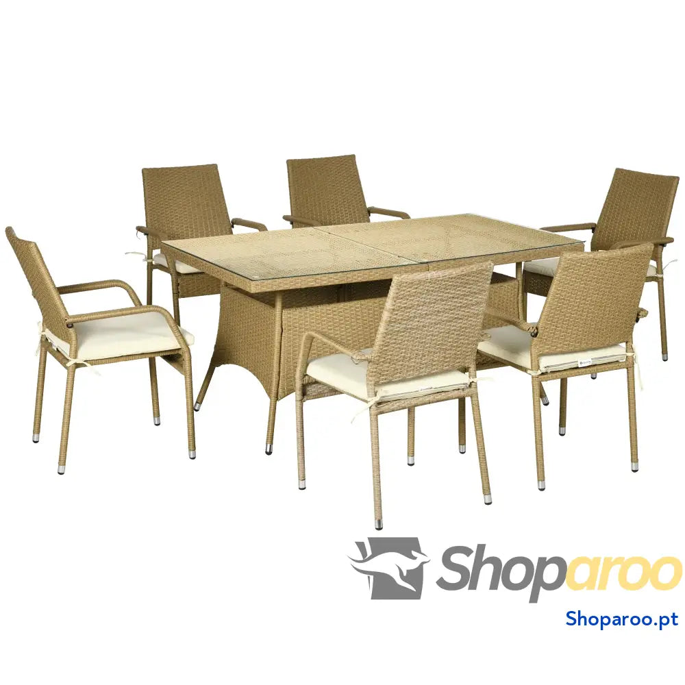 Conjunto de Jardim Refeição Vime PE com 7 Peças Mesa Bancada Vidro e 6 Cadeiras Empilháveis Areia Bege