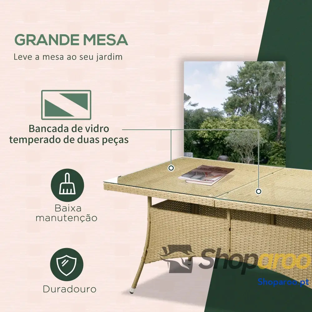 Conjunto de Jardim Refeição Vime PE com 7 Peças Mesa Bancada Vidro e 6 Cadeiras Empilháveis Areia Bege