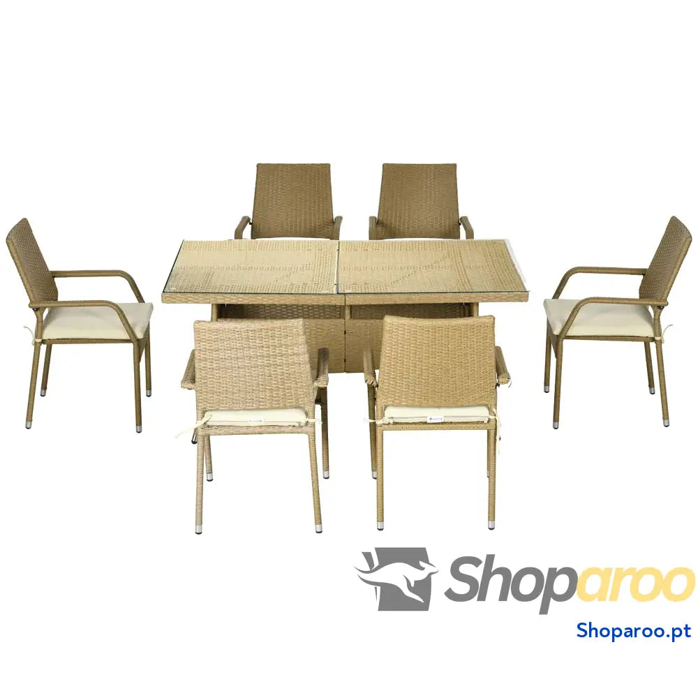 Conjunto de Jardim Refeição Vime PE com 7 Peças Mesa Bancada Vidro e 6 Cadeiras Empilháveis Areia Bege