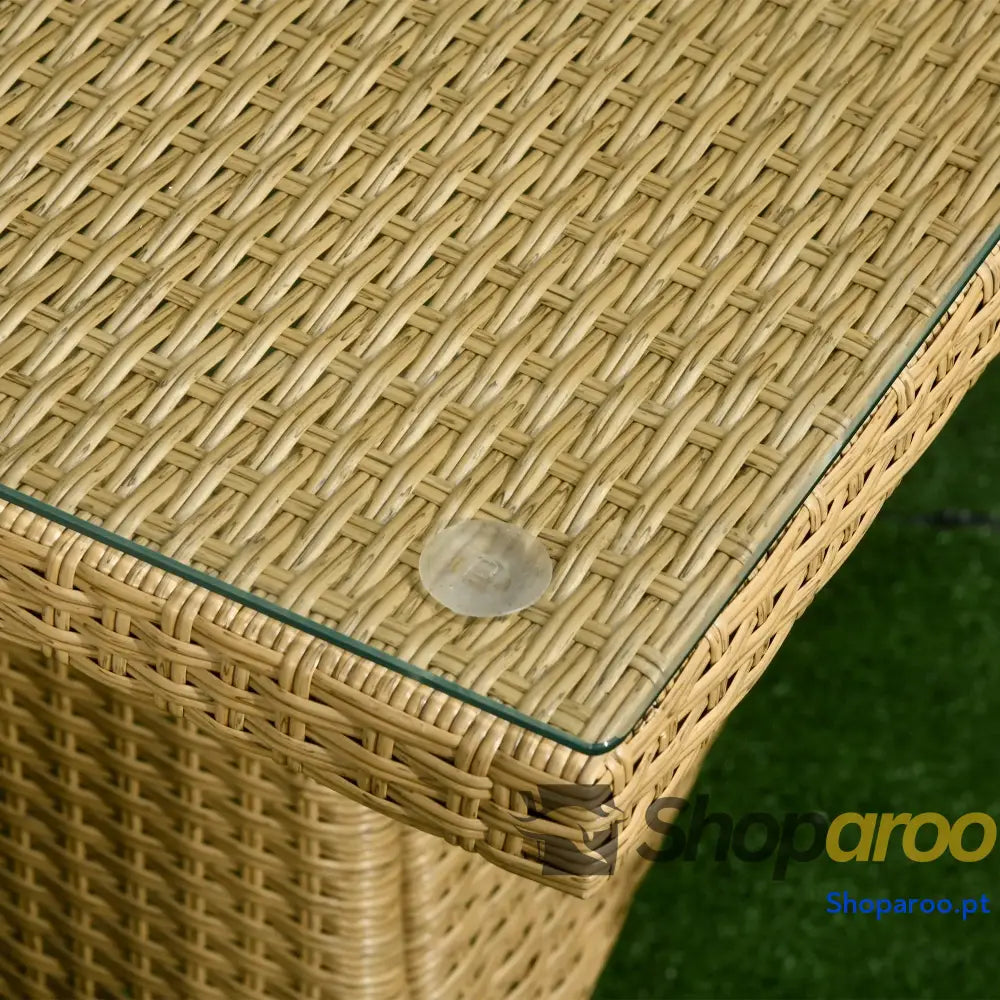 Conjunto de Jardim Refeição Vime PE com 7 Peças Mesa Bancada Vidro e 6 Cadeiras Empilháveis Areia Bege
