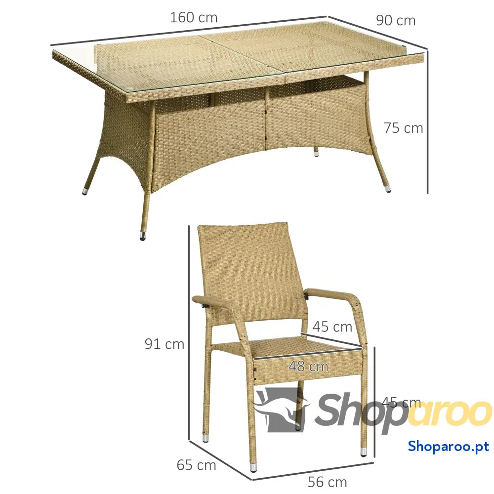 Conjunto de Jardim Refeição Vime PE com 7 Peças Mesa Bancada Vidro e 6 Cadeiras Empilháveis Areia Bege