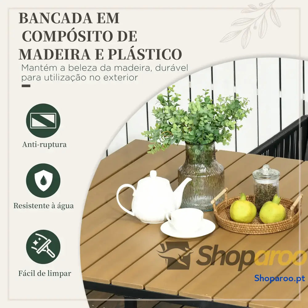 Conjunto de Jardim Vime Sintético 5 Peças com Mesa Quadrada e 4 Cadeiras Almofadas Preto Madeira