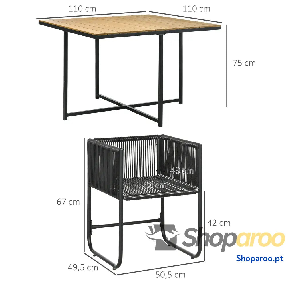 Conjunto de Jardim Vime Sintético 5 Peças com Mesa Quadrada e 4 Cadeiras Almofadas Preto Madeira
