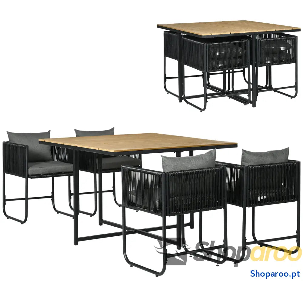 Conjunto de Jardim Vime Sintético 5 Peças com Mesa Quadrada e 4 Cadeiras Almofadas Preto Madeira