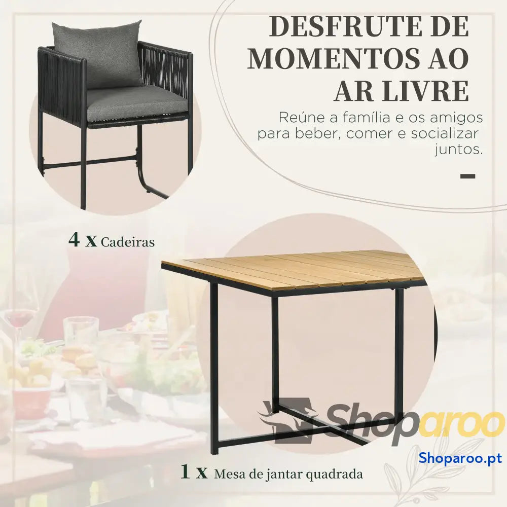 Conjunto de Jardim Vime Sintético 5 Peças com Mesa Quadrada e 4 Cadeiras Almofadas Preto Madeira