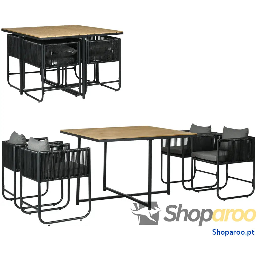 Conjunto de Jardim Vime Sintético 5 Peças com Mesa Quadrada e 4 Cadeiras Almofadas Preto Madeira