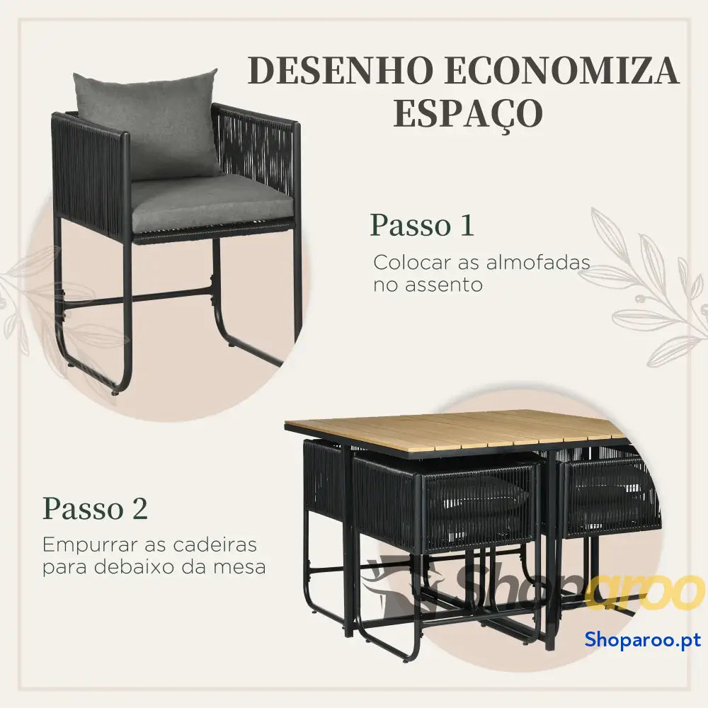 Conjunto de Jardim Vime Sintético 5 Peças com Mesa Quadrada e 4 Cadeiras Almofadas Preto Madeira