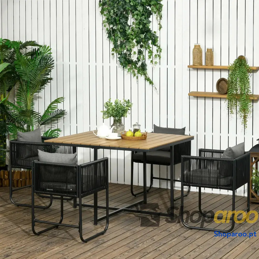 Conjunto de Jardim Vime Sintético 5 Peças com Mesa Quadrada e 4 Cadeiras Almofadas Preto Madeira