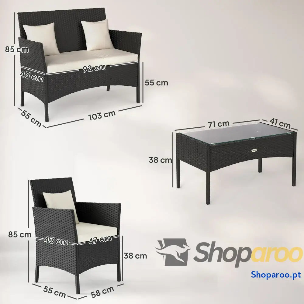 Conjunto de Jardim Vime Sintético com 2 Poltronas 1 Sofá Lugares Mesa Centro e Almofadas Preto Branco