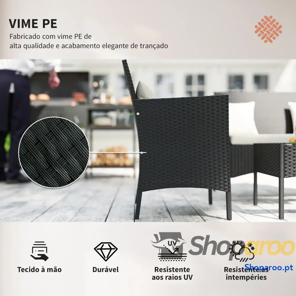 Conjunto de Jardim Vime Sintético com 2 Poltronas 1 Sofá Lugares Mesa Centro e Almofadas Preto Branco