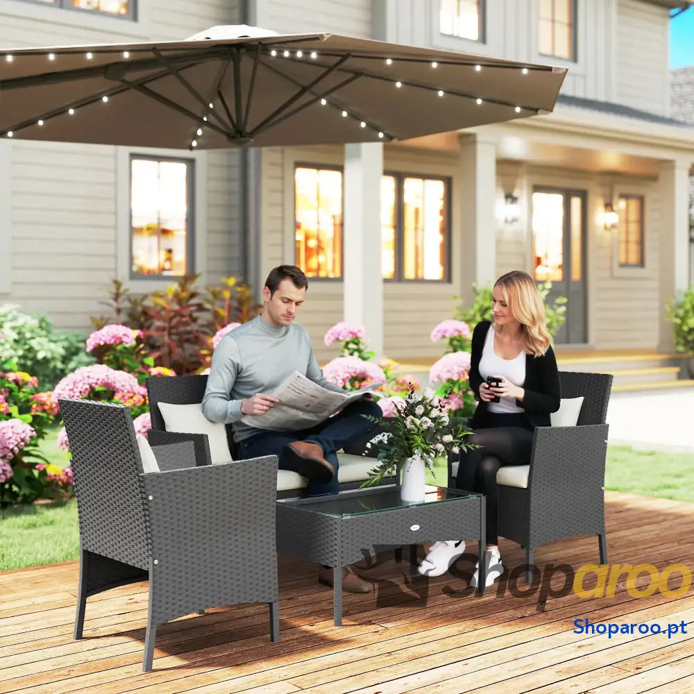 Conjunto de Jardim de Vime Sintético com 2 Poltronas 1 Sofá de 2 Lugares 1 Mesa de Centro e Almofadas Preto e Branco