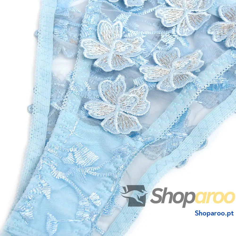 CONJUNTO DE LINGERIE SUTIÃ E CALCINHA BORDADOS COM FLORES AZUL CELESTE L/XL