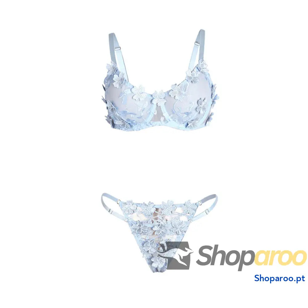 CONJUNTO DE LINGERIE SUTIÃ E CALCINHA BORDADOS COM FLORES AZUL CELESTE L/XL