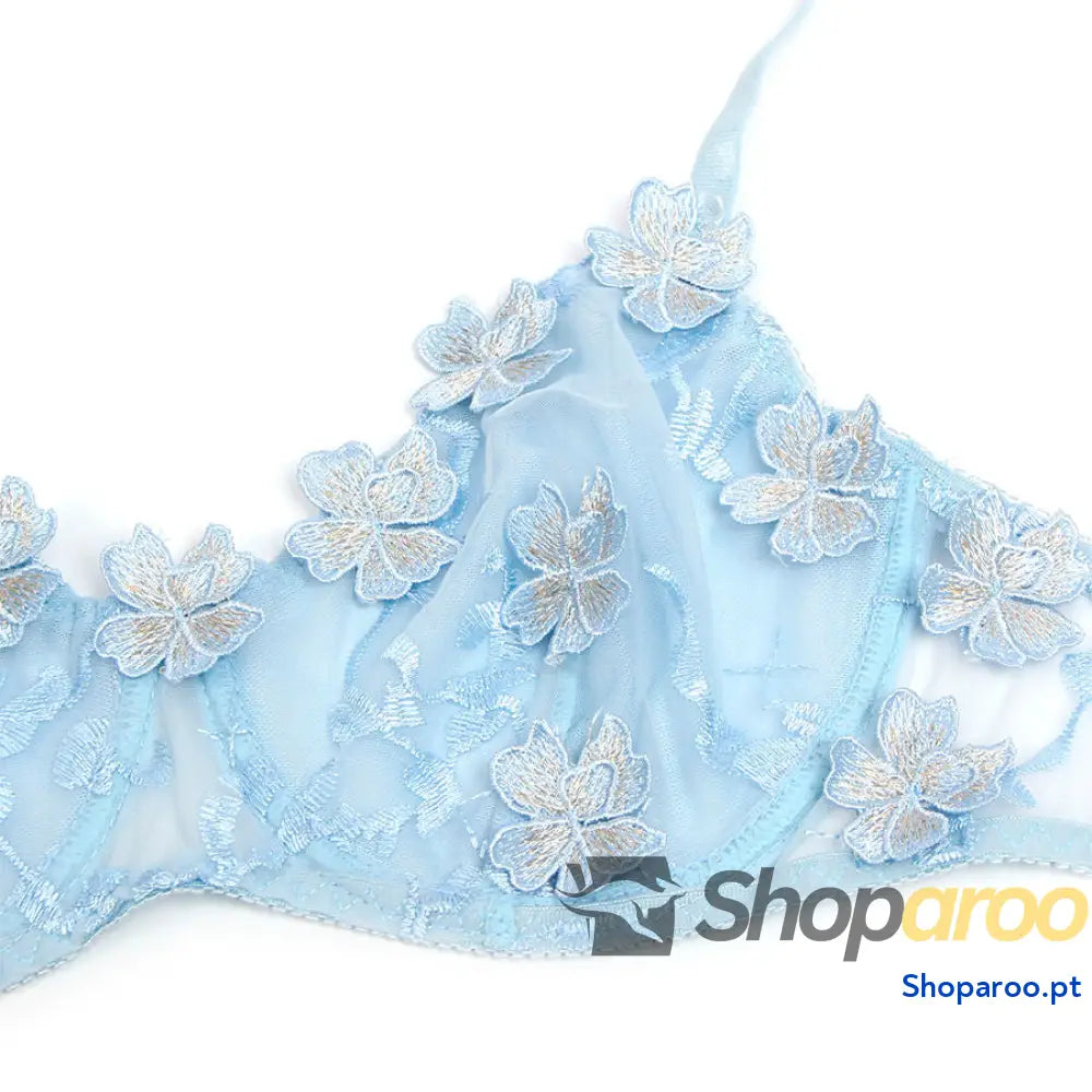 CONJUNTO DE LINGERIE SUTIÃ E CALCINHA BORDADOS COM FLORES AZUL CELESTE L/XL