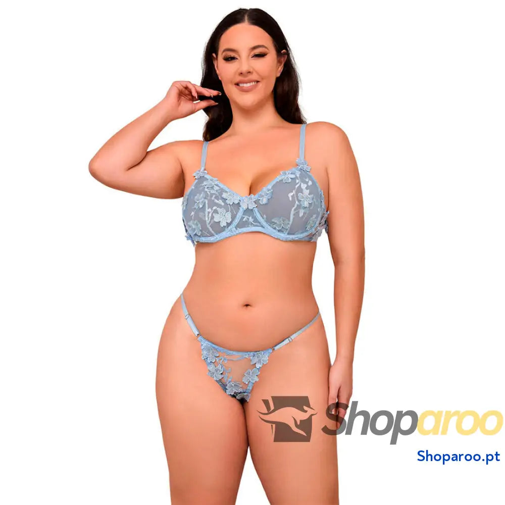 CONJUNTO DE LINGERIE SUTIÃ E CALCINHA BORDADOS COM FLORES AZUL CELESTE L/XL