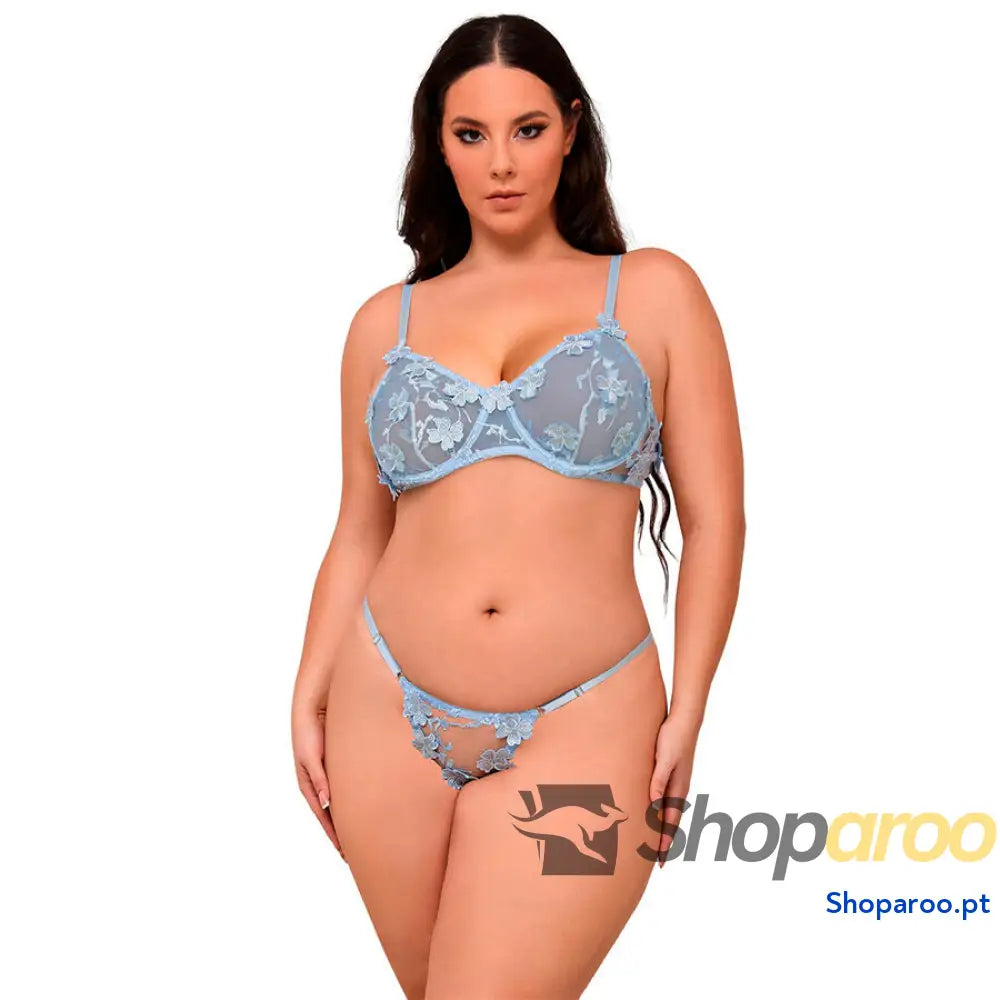 CONJUNTO DE LINGERIE SUTIÃ E CALCINHA BORDADOS COM FLORES AZUL CELESTE L/XL