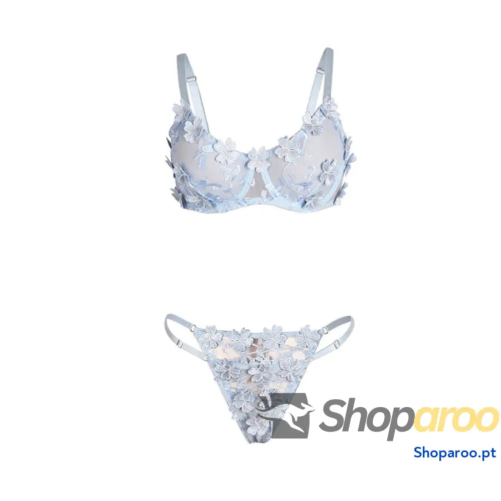CONJUNTO DE LINGERIE SUTIÃ E CALCINHA BORDADOS COM FLORES AZUL CELESTE L/XL
