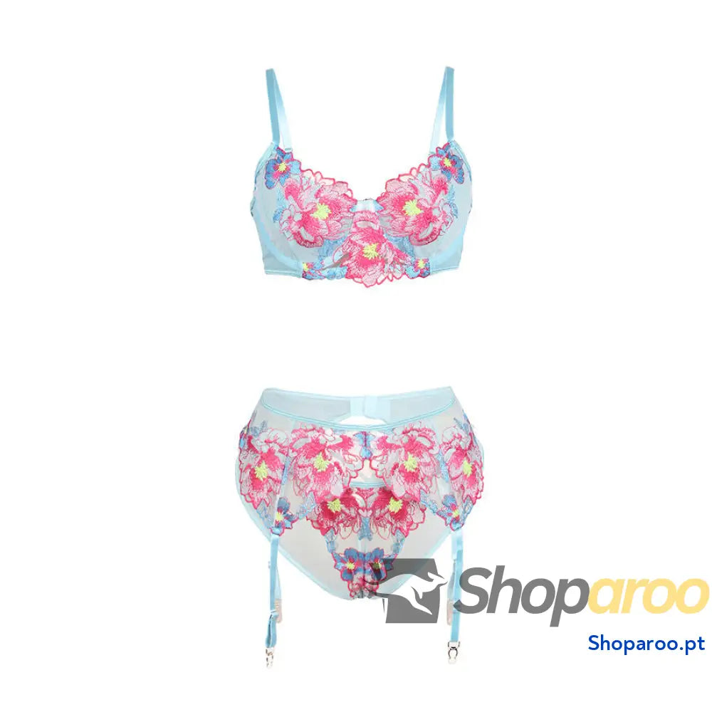 CONJUNTO DE LINGERIE SUTIÃ E CINTO-LIGA COM BORDADO FLORES ROSA L/XL