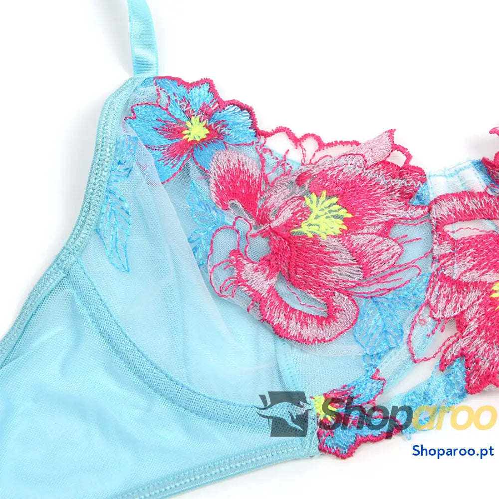 CONJUNTO DE LINGERIE SUTIÃ E CINTO-LIGA COM BORDADO FLORES ROSA L/XL