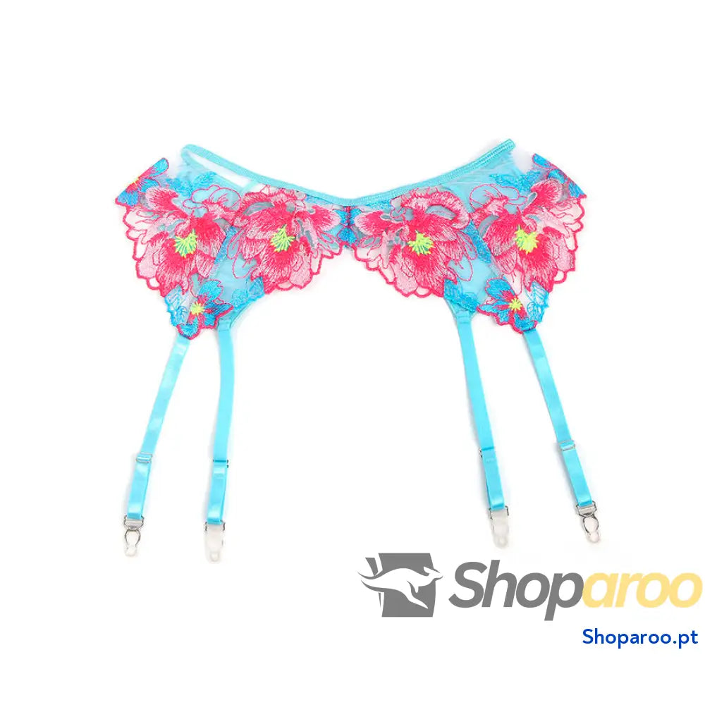 CONJUNTO DE LINGERIE SUTIÃ E CINTO-LIGA COM BORDADO FLORES ROSA L/XL