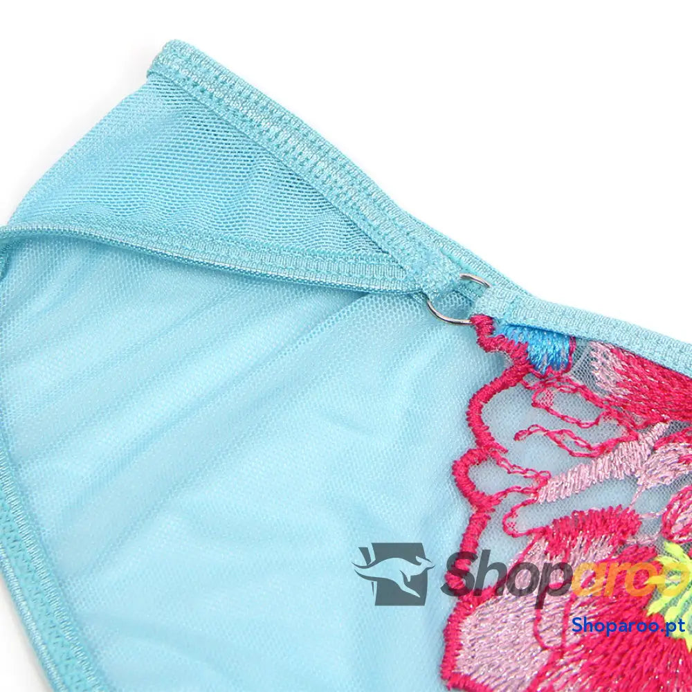 CONJUNTO DE LINGERIE SUTIÃ E CINTO-LIGA COM BORDADO FLORES ROSA L/XL