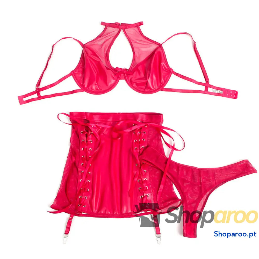 CONJUNTO DE LINGERIE SUTIÃ E SAIA COURO VERMELHO SUBBLIME - S/M - L/XL