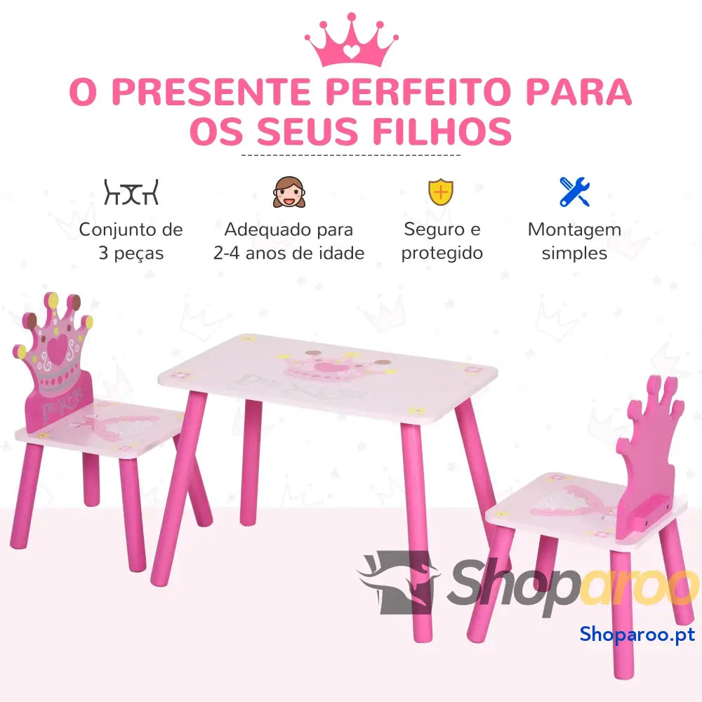 Conjunto de Mesa e 2 Cadeiras Infantis madeira para crianças acima anos Set 55x34x42cm 28x26x50cm Rosa