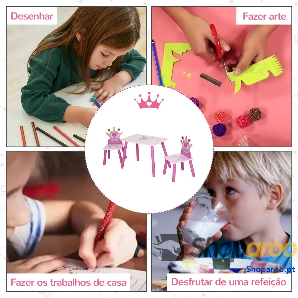 Conjunto de Mesa e 2 Cadeiras Infantis madeira para crianças acima anos Set 55x34x42cm 28x26x50cm Rosa