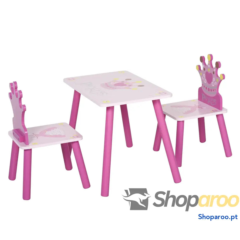 Conjunto de Mesa e 2 Cadeiras Infantis madeira para crianças acima anos Set 55x34x42cm 28x26x50cm Rosa