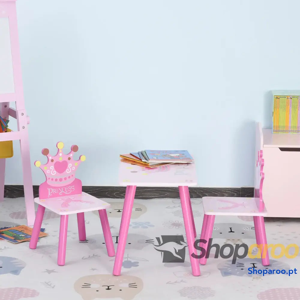 Conjunto de Mesa e 2 Cadeiras Infantis madeira para crianças acima anos Set 55x34x42cm 28x26x50cm Rosa
