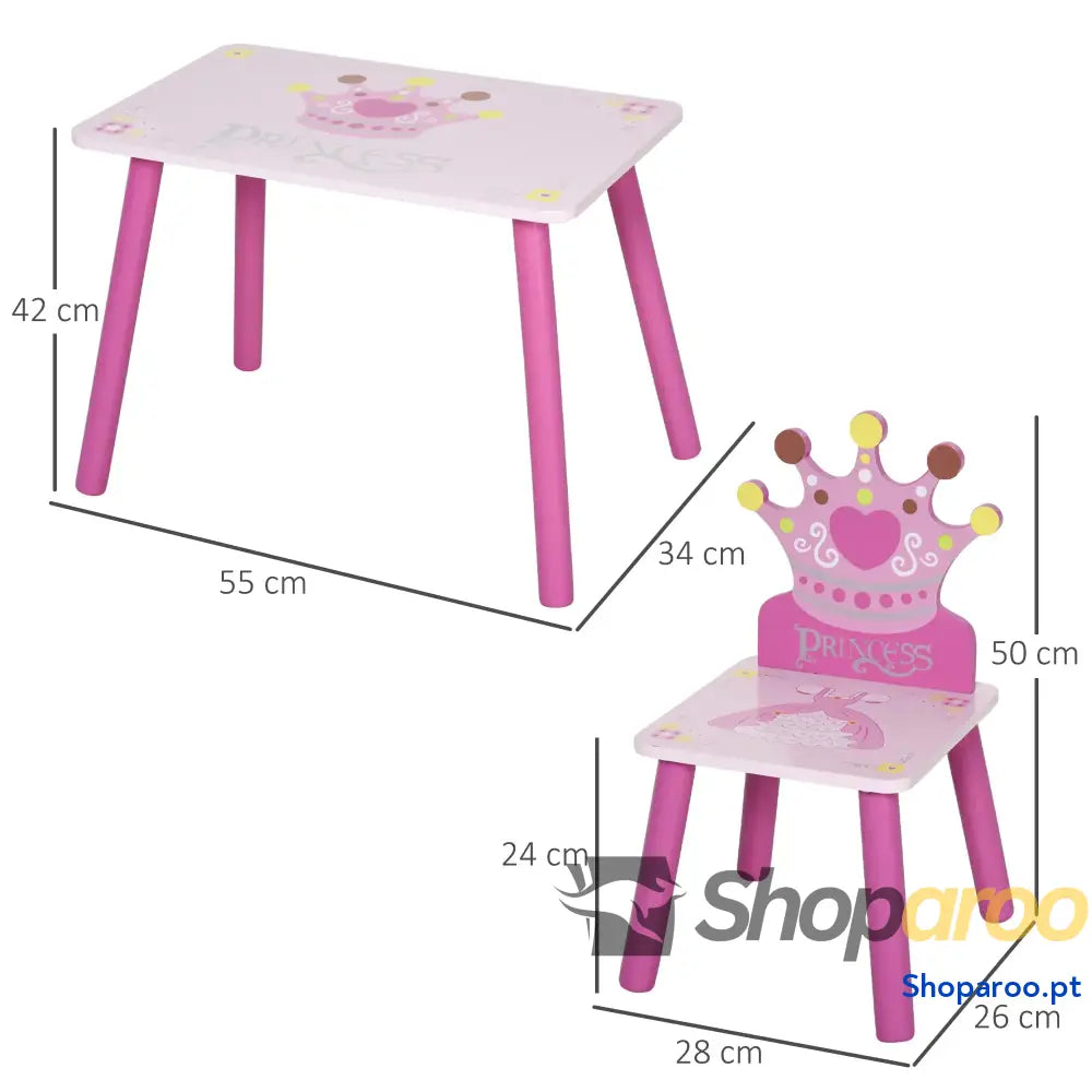 Conjunto de Mesa e 2 Cadeiras Infantis madeira para crianças acima anos Set 55x34x42cm 28x26x50cm Rosa