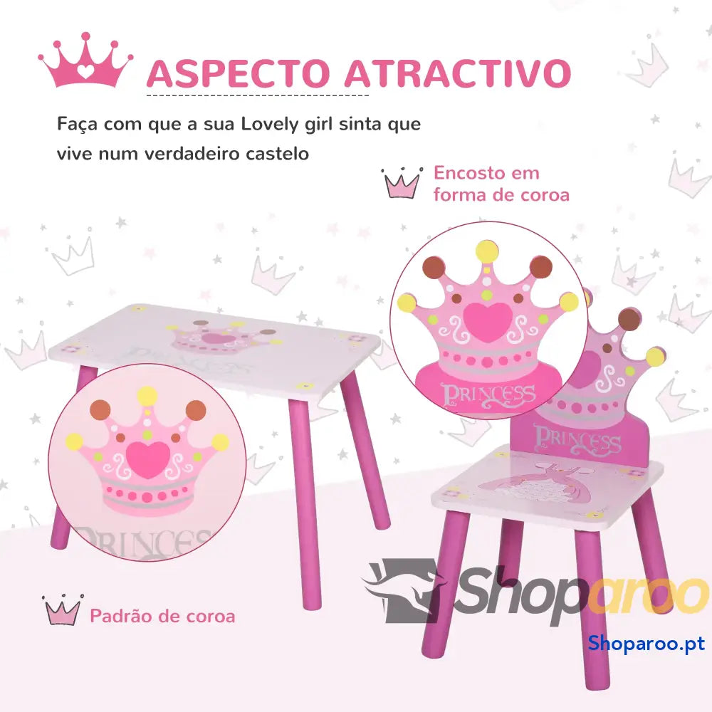 Conjunto de Mesa e 2 Cadeiras Infantis madeira para crianças acima anos Set 55x34x42cm 28x26x50cm Rosa